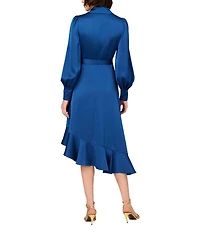 Aidan Mattox V-Neck Bishop Sleeve Asymmetrical Ruffle Hem Wrap Dress