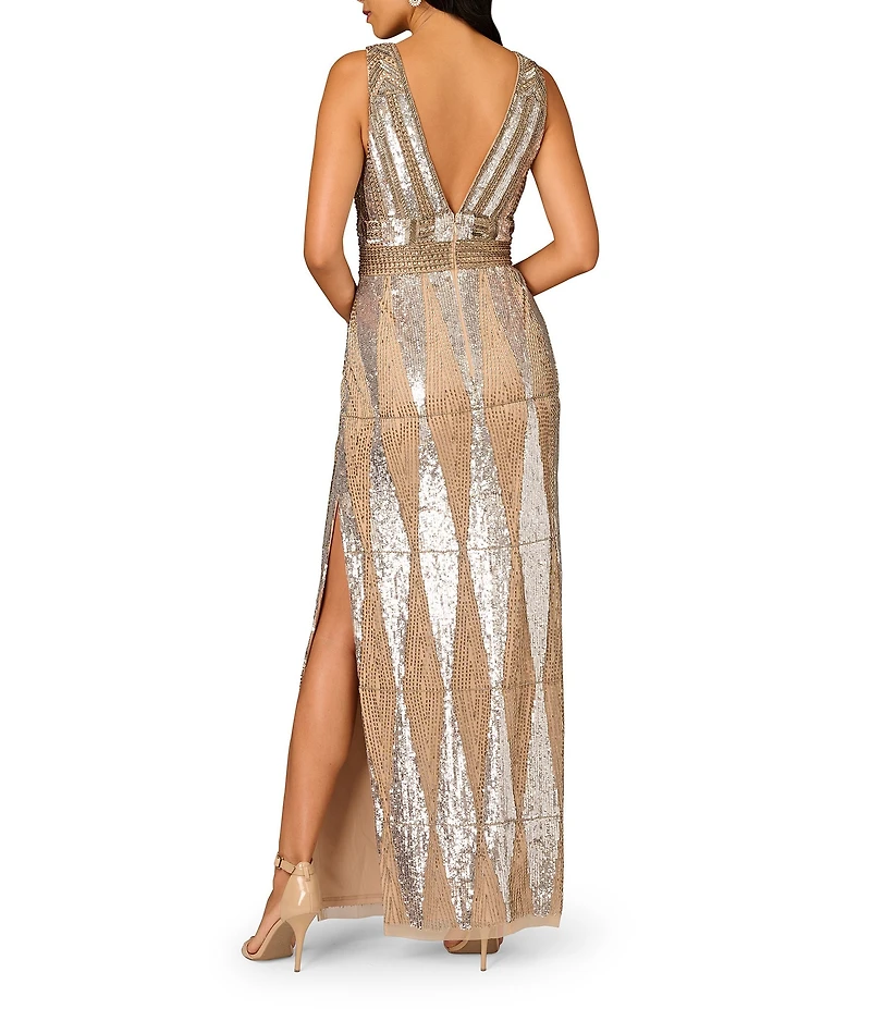 Aidan Mattox V-Neck Sleeveless Full Bead Gown