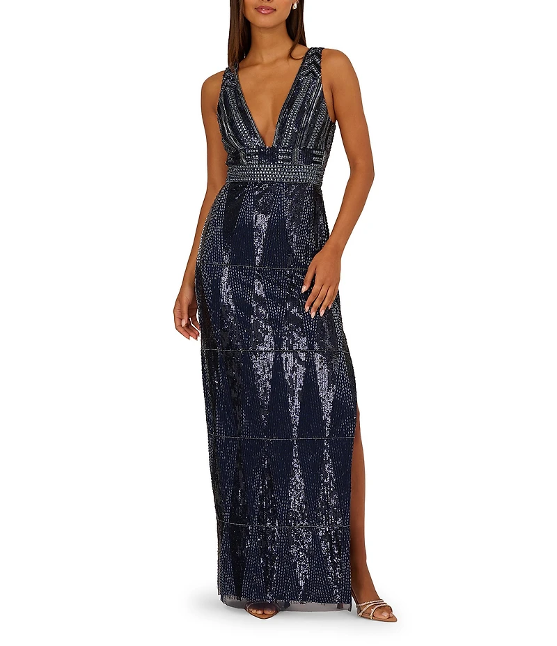 Aidan Mattox V-Neck Sleeveless Full Bead Gown