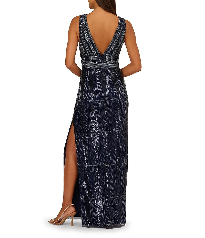Aidan Mattox V-Neck Sleeveless Full Bead Gown