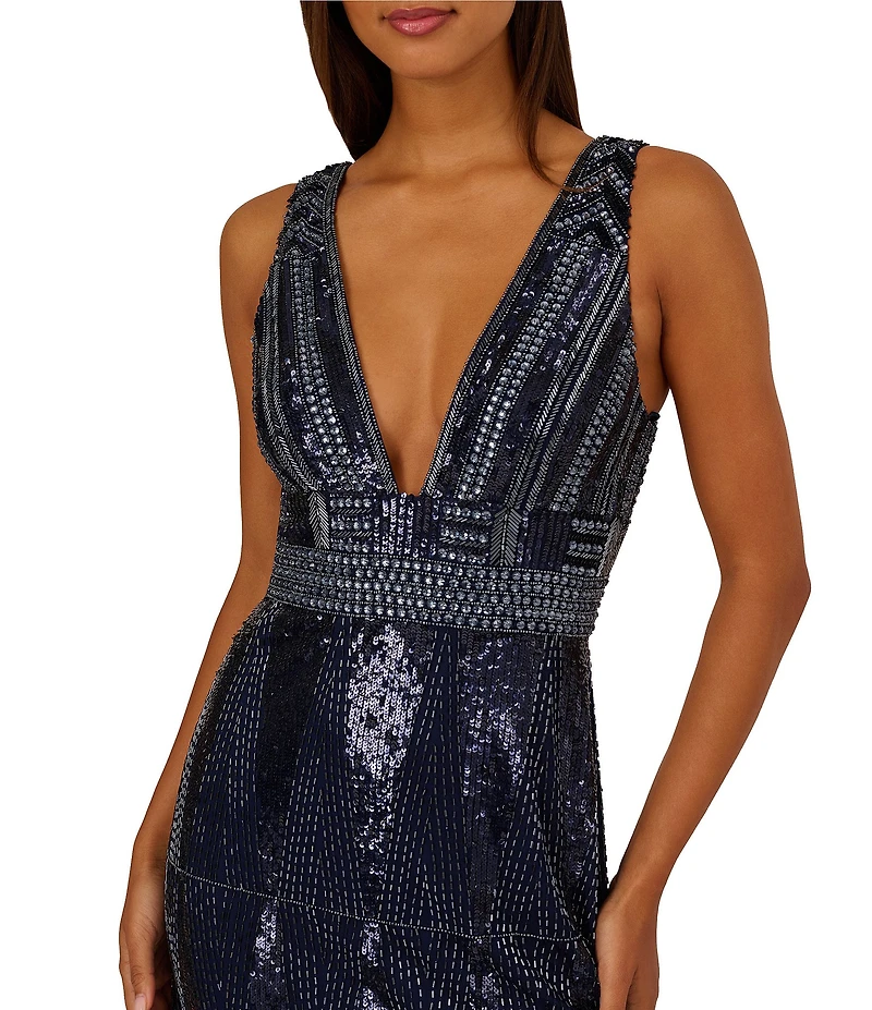 Aidan Mattox V-Neck Sleeveless Full Bead Gown