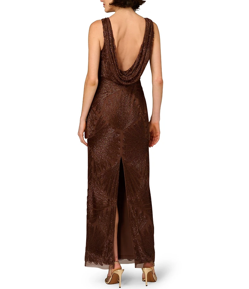 Aidan Mattox Vneck Sleeveless Beaded Mesh Drape Back Column Gown