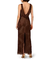 Aidan Mattox Vneck Sleeveless Beaded Mesh Drape Back Column Gown