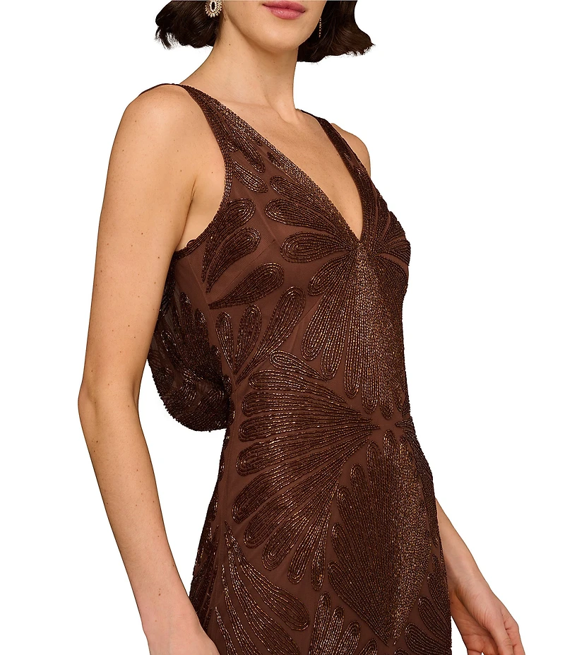 Aidan Mattox Vneck Sleeveless Beaded Mesh Drape Back Column Gown