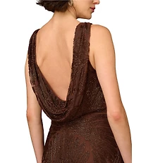 Aidan Mattox Vneck Sleeveless Beaded Mesh Drape Back Column Gown
