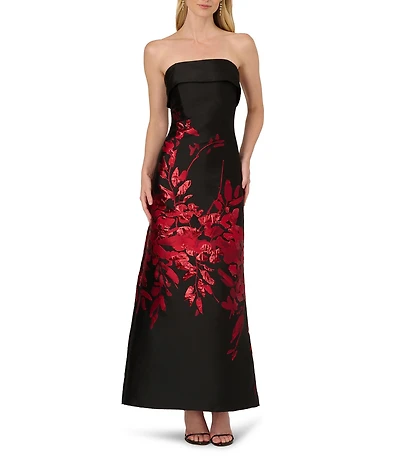 Aidan Mattox Woven Floral Motif Jacquard Strapless Sheath Midi Dress