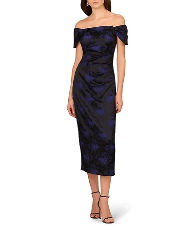 Aidan Mattox Woven Jacquard Off The Shoulder Neck Cap Sleeve Pleated Midi Sheath Dress