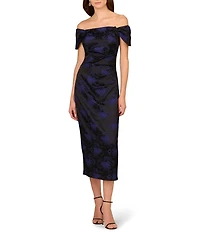Aidan Mattox Woven Jacquard Off The Shoulder Neck Cap Sleeve Pleated Midi Sheath Dress