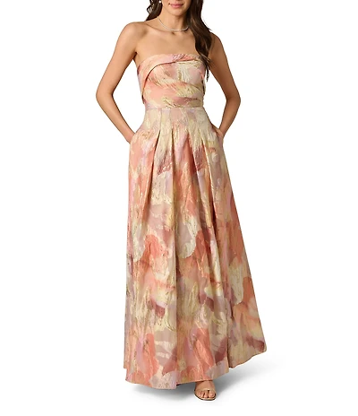 Aidan Mattox Woven Jacquard Pleated Bodice A Line Sleeveless Long Dress