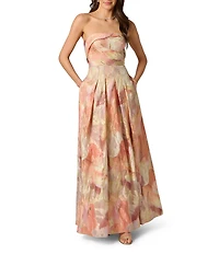 Aidan Mattox Woven Jacquard Pleated Bodice A Line Sleeveless Long Dress