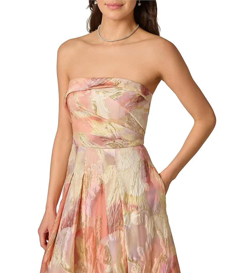 Aidan Mattox Woven Jacquard Pleated Bodice A Line Sleeveless Long Dress