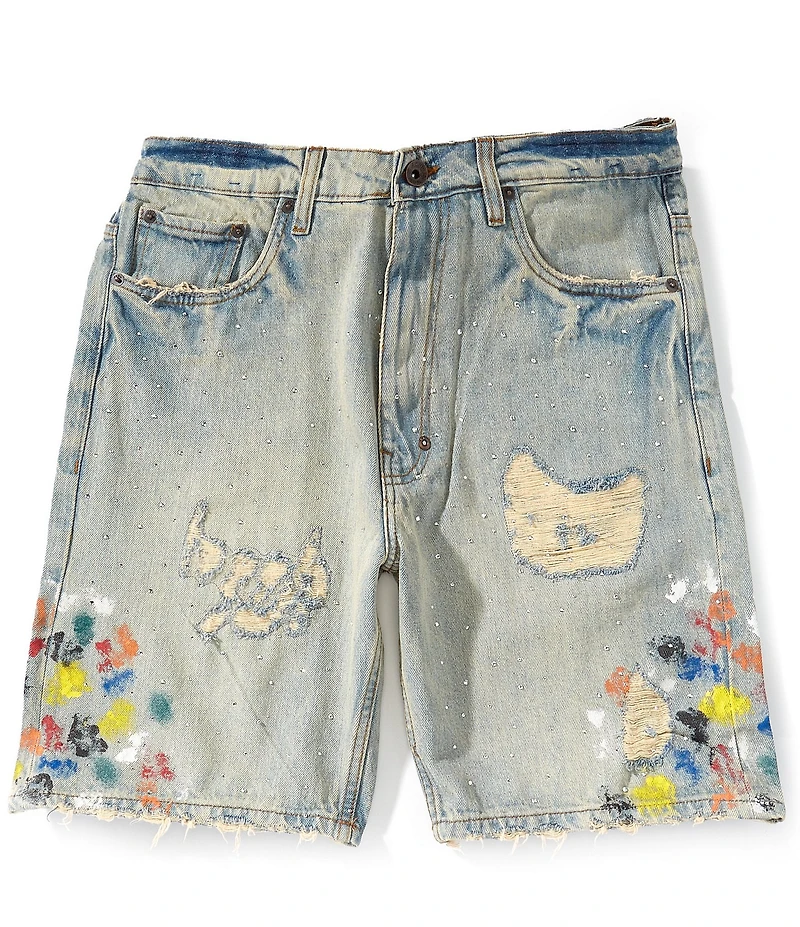 AKOO Mosaic 8.5#double; Inseam Rhinestone Paint Splatter Distressed Denim Shorts