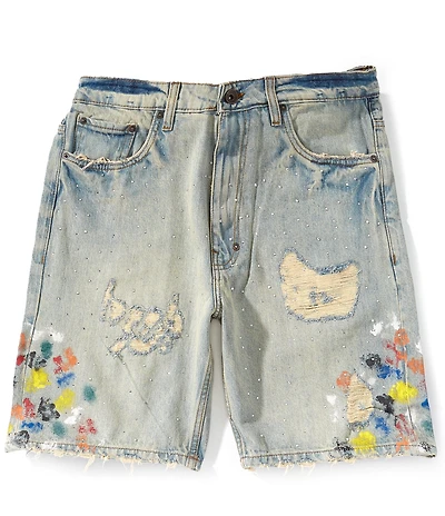AKOO Mosaic 8.5#double; Inseam Rhinestone Paint Splatter Distressed Denim Shorts
