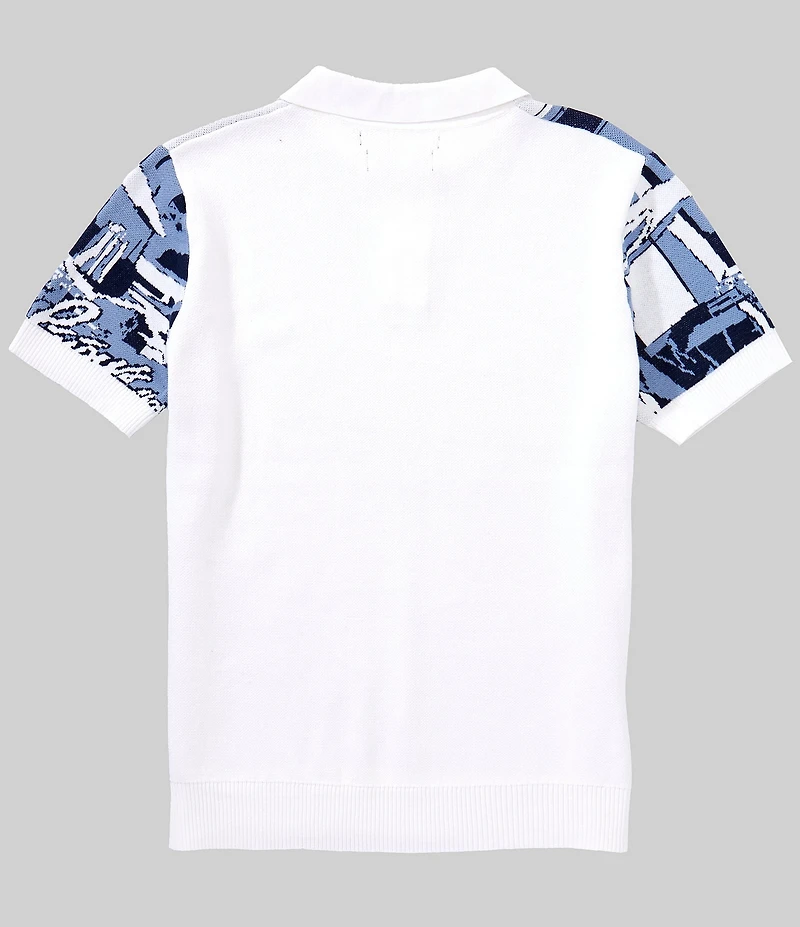 AKOO Relaxed Fit Short Sleeve Jacquard Front Panel Knit Sweater Polo