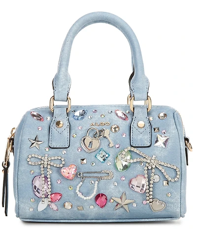 ALDO Alexys Small Denim Embellished Charm Barrel Satchel Bag