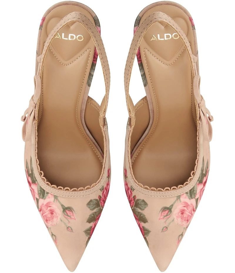 ALDO Hennie Floral Rose Print Pointed Toe Slingback Bow Pumps