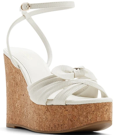 ALDO Tainah Lizard Embossed Ankle Strap Cork Platform Wedge Bow Sandals