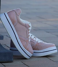 Alegria Alyster Leather and Canvas Perforated Detail Lace Up Platform Sneakers