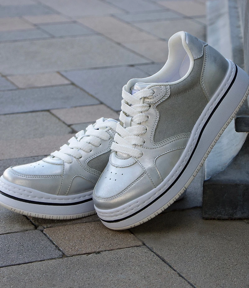 Alegria Alyster Leather and Canvas Perforated Detail Lace Up Platform Sneakers