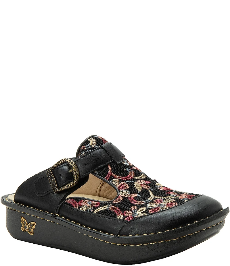 Alegria Classic Leather and Floral Embroidered Clogs