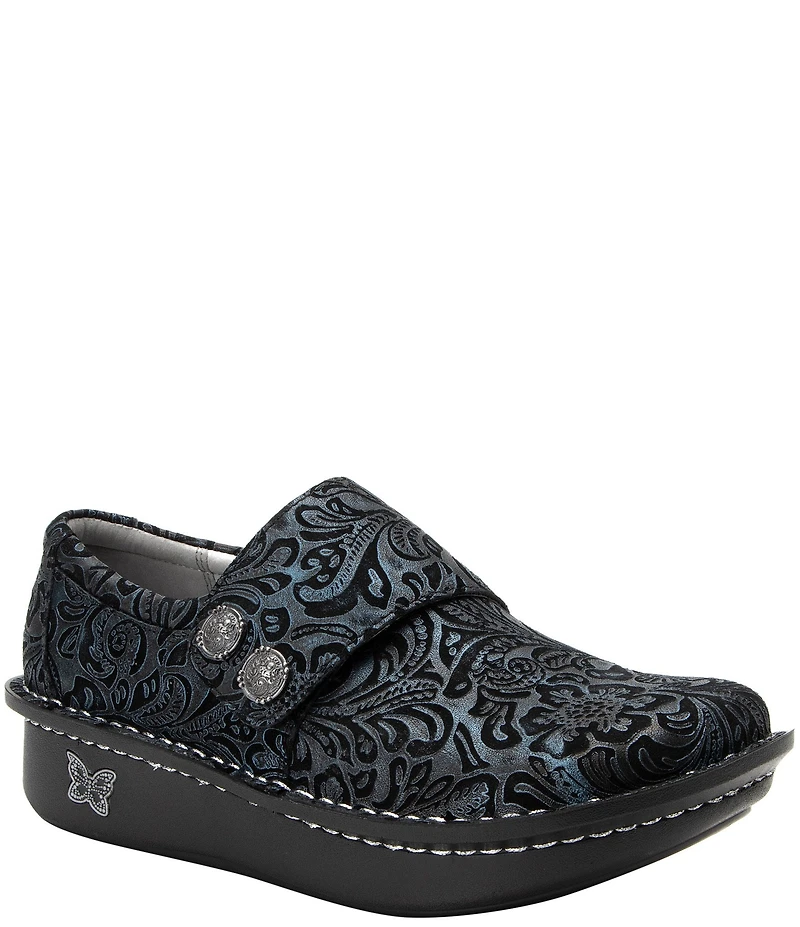 Alegria Deliah Navy Swish Print Leather Monk Strap Slip On Clogs