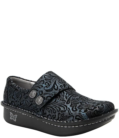 Alegria Deliah Navy Swish Print Leather Monk Strap Slip On Clogs