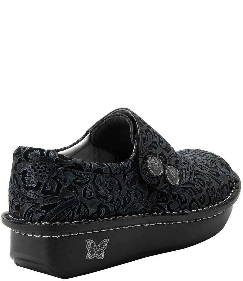 Alegria Deliah Navy Swish Print Leather Monk Strap Slip On Clogs