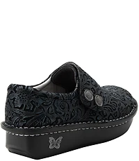 Alegria Deliah Navy Swish Print Leather Monk Strap Slip On Clogs