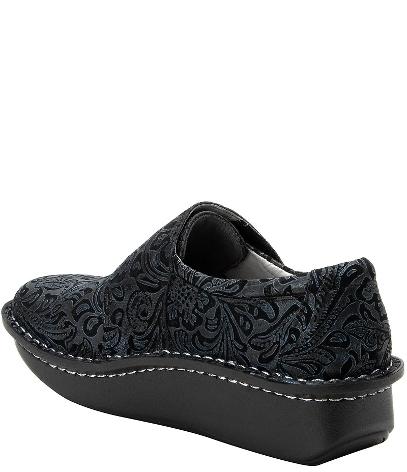 Alegria Deliah Navy Swish Print Leather Monk Strap Slip On Clogs