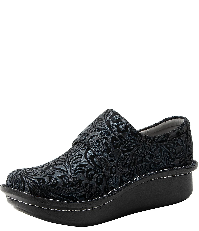 Alegria Deliah Navy Swish Print Leather Monk Strap Slip On Clogs