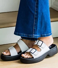 Alegria Iza Leather Buckle Hardware Hook-and-Loop Platform Slide Sandals
