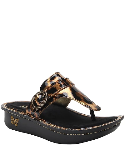 Alegria Kennedi Leopard Print Patent Leather Thong Platform Heel Sandals