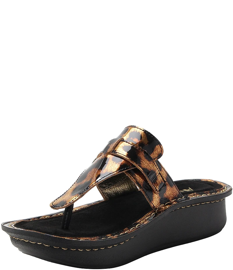 Alegria Kennedi Leopard Print Patent Leather Thong Platform Heel Sandals