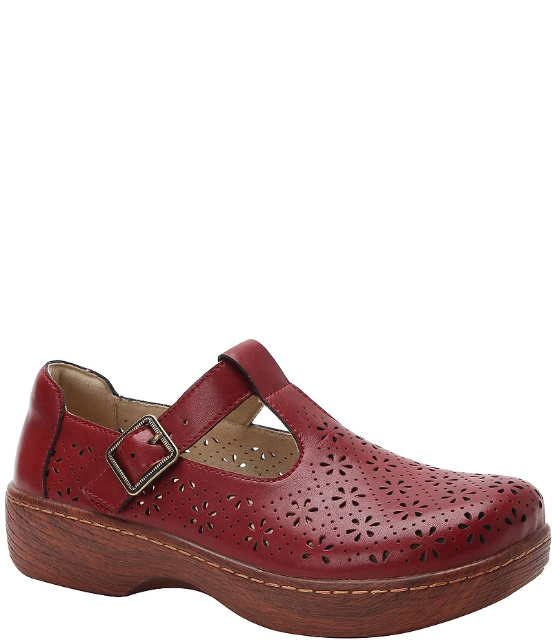 Alegria Odessa Perforated Leather T-Strap Rocker Bottom Clogs