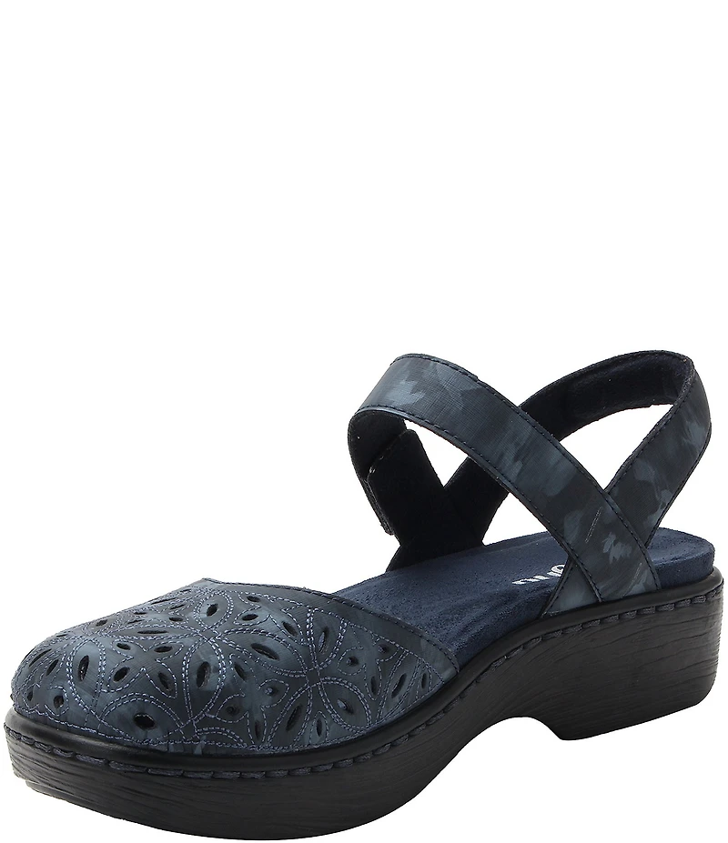 Alegria Opal Laser Cut Leather Ankle Strap Clogs