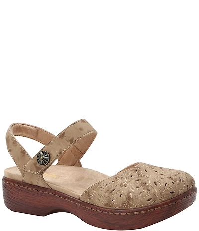 Alegria Opal Laser Cut Leather Ankle Strap Clogs