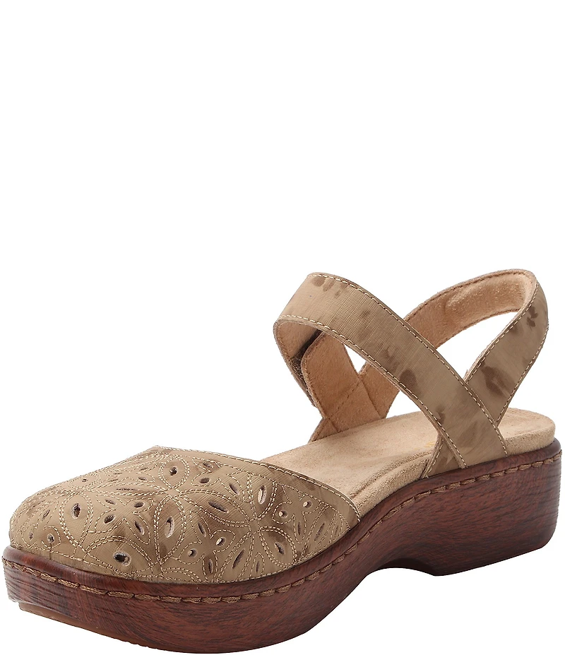 Alegria Opal Laser Cut Leather Ankle Strap Clogs