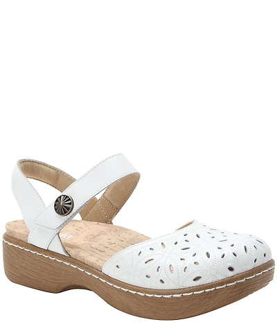 Alegria Opal Laser Cut Leather Cork Ankle Strap Clogs