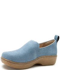 Alegria Orygin Denim Print Nubuck Suede Slip On Platform Clogs