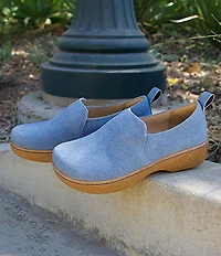 Alegria Orygin Denim Print Nubuck Suede Slip On Platform Clogs
