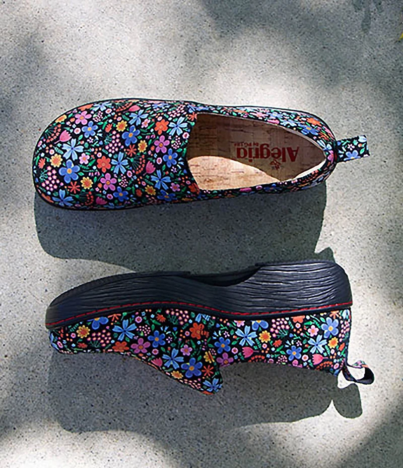 Alegria Orygin Floral Print Leather Slip On Platform Clogs