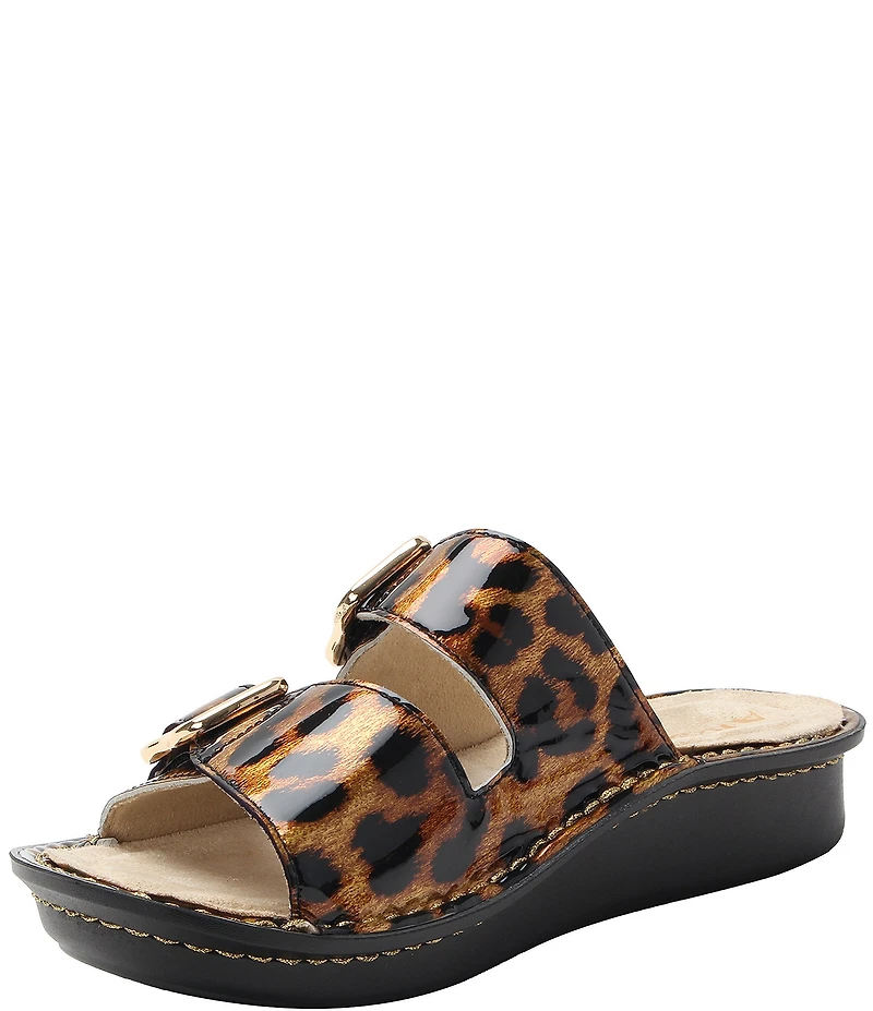 Alegria Verah Leopard Print Patent Leather Double Buckle Mini Rocker Slides