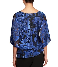 Alex Evenings Illusion Elbow Sleeve Boat Neck Asymmetrical Hem Triple Tier Chiffon Blouse