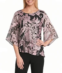 Alex Evenings Illusion Elbow Sleeve Boat Neck Asymmetrical Hem Triple Tier Chiffon Blouse