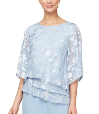 Alex Evenings 3/4 Illusion Sleeve Crew Neck Asymmetrical Triple Tier Hem Printed Chiffon Blouse