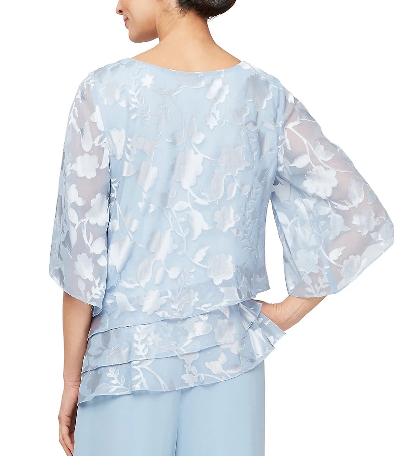 Alex Evenings 3/4 Illusion Sleeve Crew Neck Asymmetrical Triple Tier Hem Printed Chiffon Blouse
