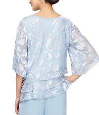 Alex Evenings 3/4 Illusion Sleeve Crew Neck Asymmetrical Triple Tier Hem Printed Chiffon Blouse