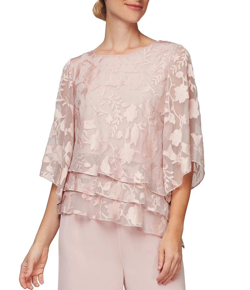 Alex Evenings 3/4 Illusion Sleeve Crew Neck Asymmetrical Triple Tier Hem Printed Chiffon Blouse