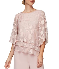 Alex Evenings 3/4 Illusion Sleeve Crew Neck Asymmetrical Triple Tier Hem Printed Chiffon Blouse