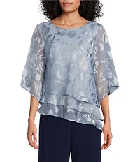 Alex Evenings 3/4 Illusion Sleeve Crew Neck Asymmetrical Triple Tier Hem Printed Chiffon Blouse